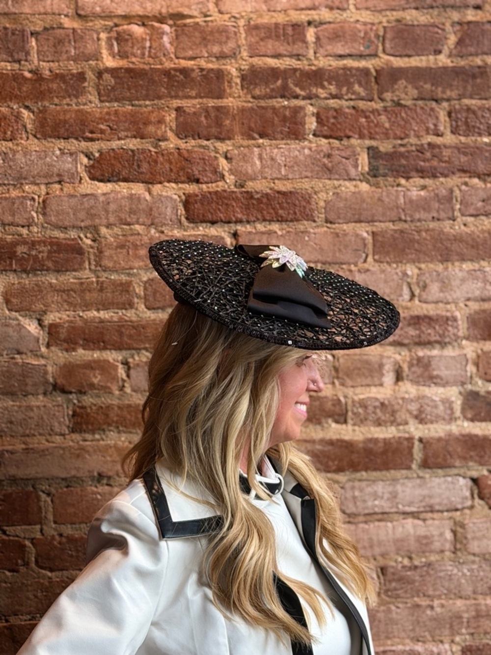 Black Woven Fascinator Hat with Satin Bow and Crystal Accent - Picture 4 of 5